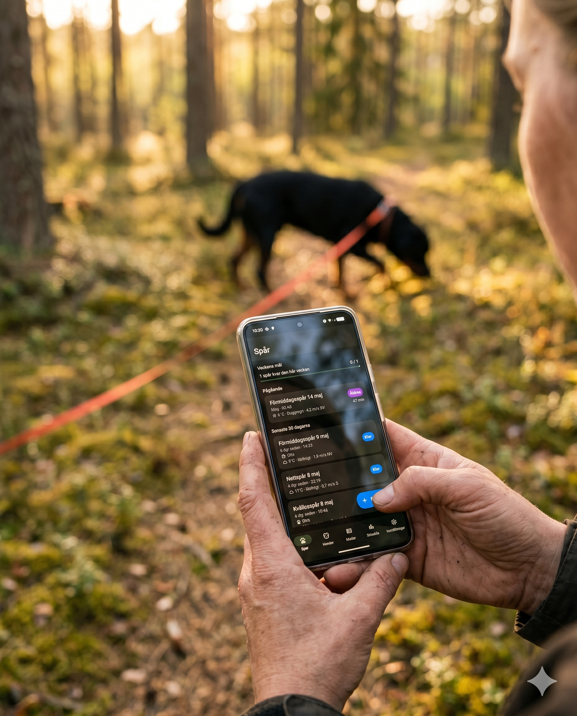 Hundförare med rottweiler i höstskog, med Spårhunden-appen öppen i handen